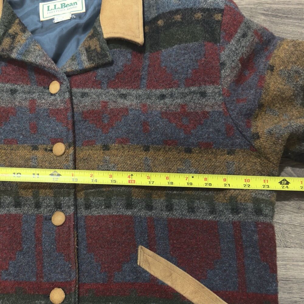 Vintage LL Bean Wool Aztec Barn Chore Jacket Southwestern L Suede Trim USA 90s - Picture 6 of 11